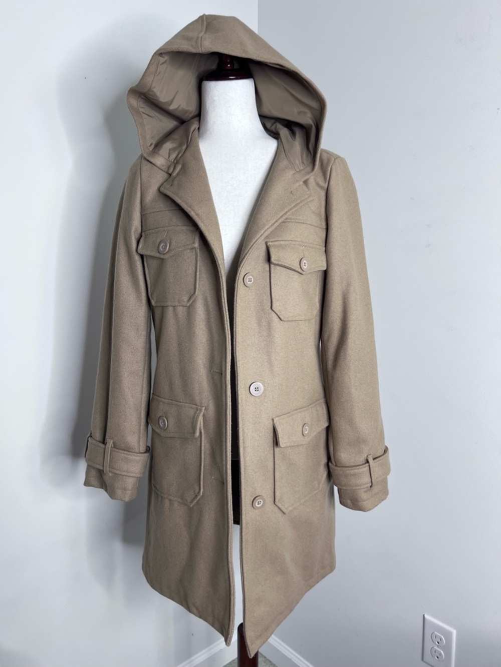 Vintage Y2K Old Navy Womens M Camel Wool Hooded Utility Pea Coat Long Jacket